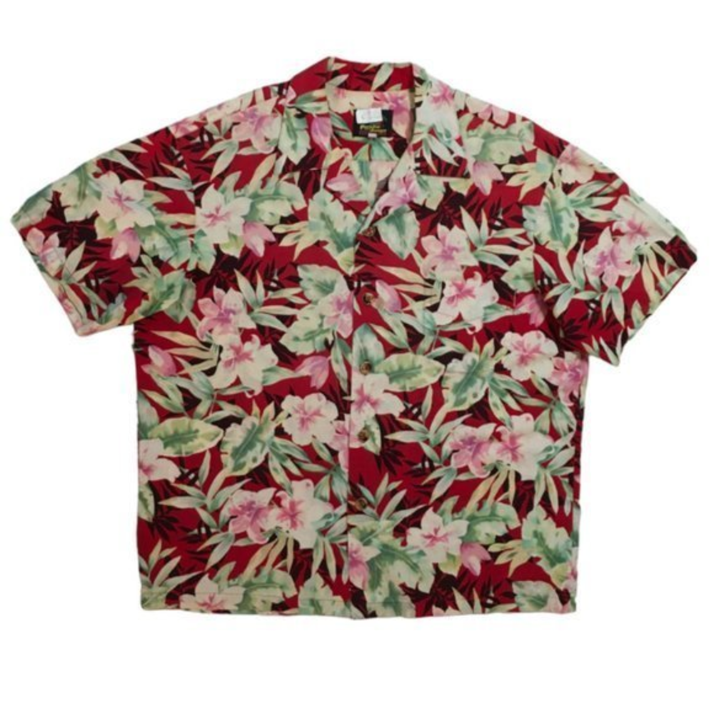 Vtg Paradise on a Hanger Men's Button Front Hawaiian Shirt Red Floral USA XL euc